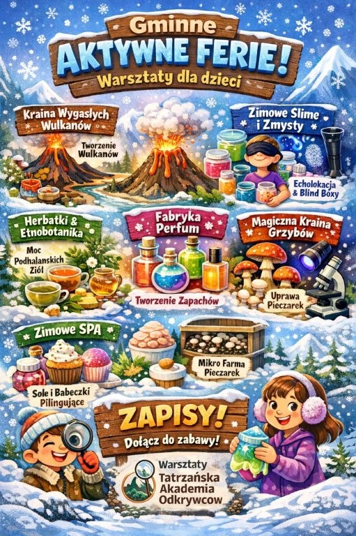 Plakat - Warsztaty w gminie Jabłonka - Aktywne Ferie