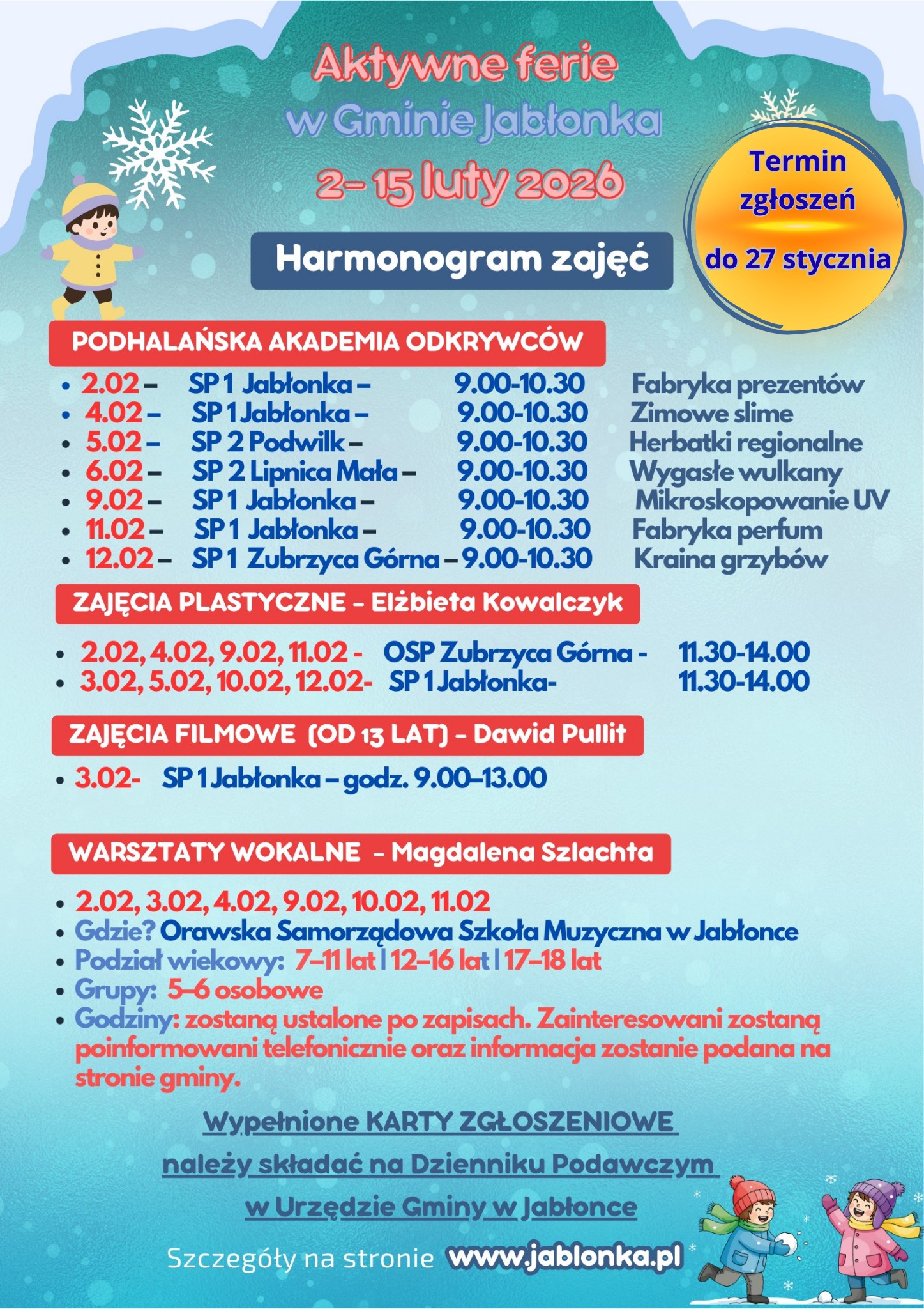 harmonogram aktywnych ferii 2026 termin zgosze