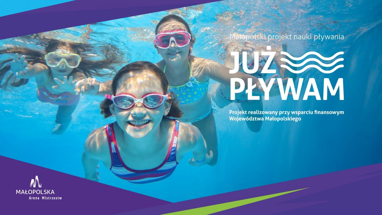 logo programu już pływam, dzieci pod wodą w basenie